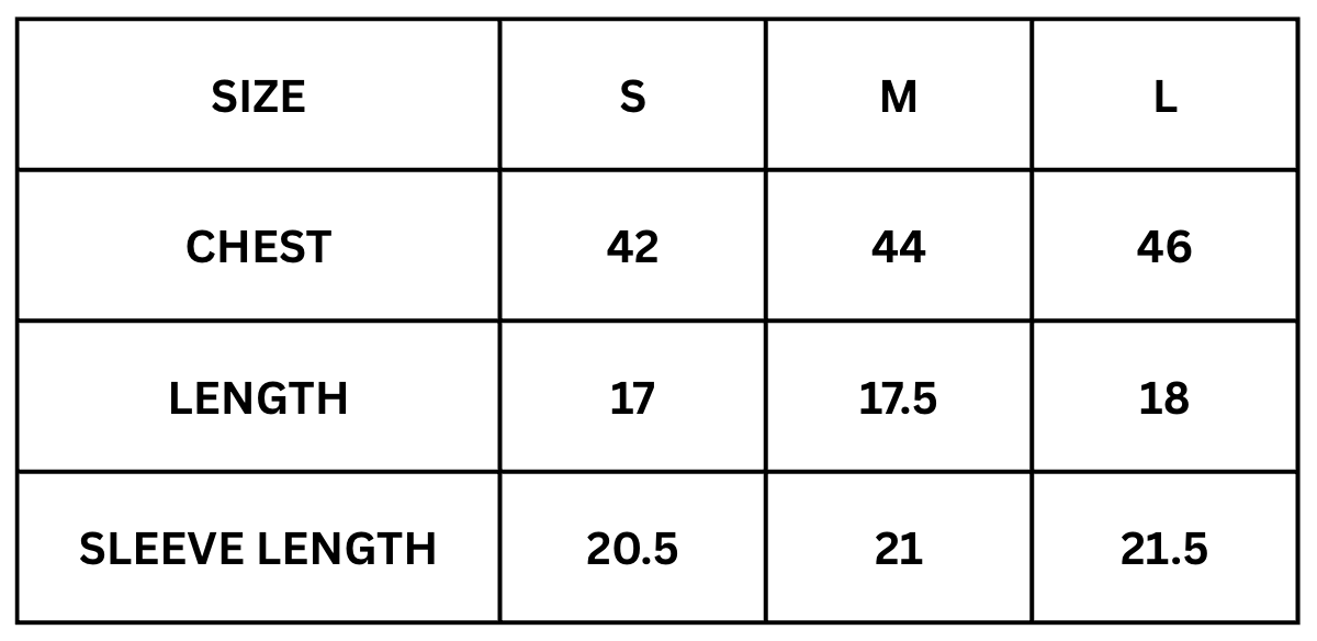 A size chart table showing measurements for S, M, and L sizes, with columns for SIZE, CHEST, LENGTH, and SLEEVE LENGTH.