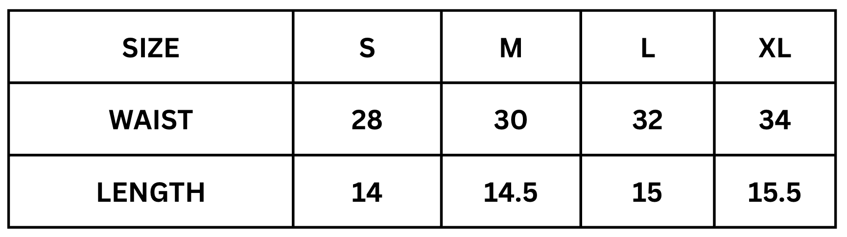 A size chart table showing waist and length measurements for sizes S, M, L, and XL.